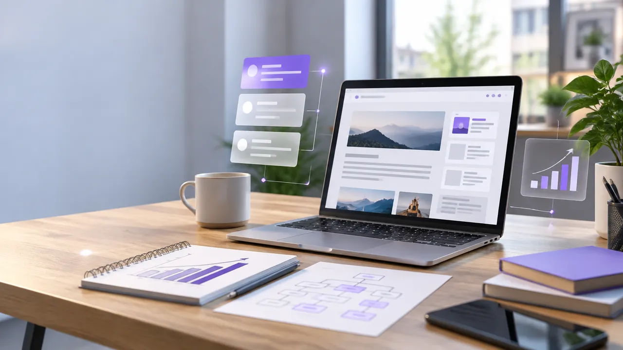 Laptop com uma página de blog organizada e anotações de estratégia de SEO on-page