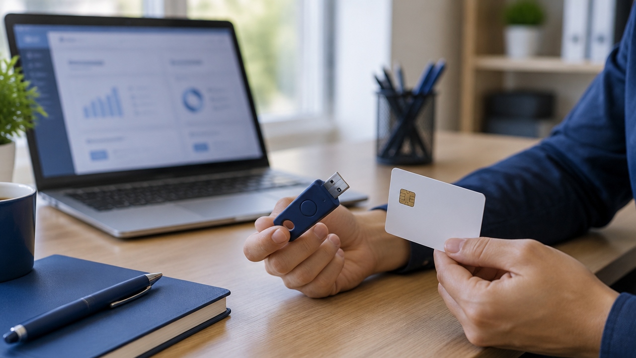Laptop, token USB e cartão inteligente sobre a mesa para comparar formatos de certificado digital