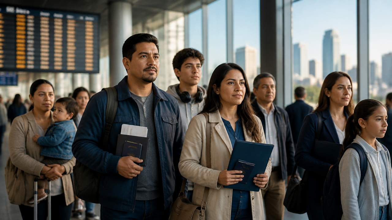 Latin American travelers and families in a modern transit setting, symbolizing immigration to the United States