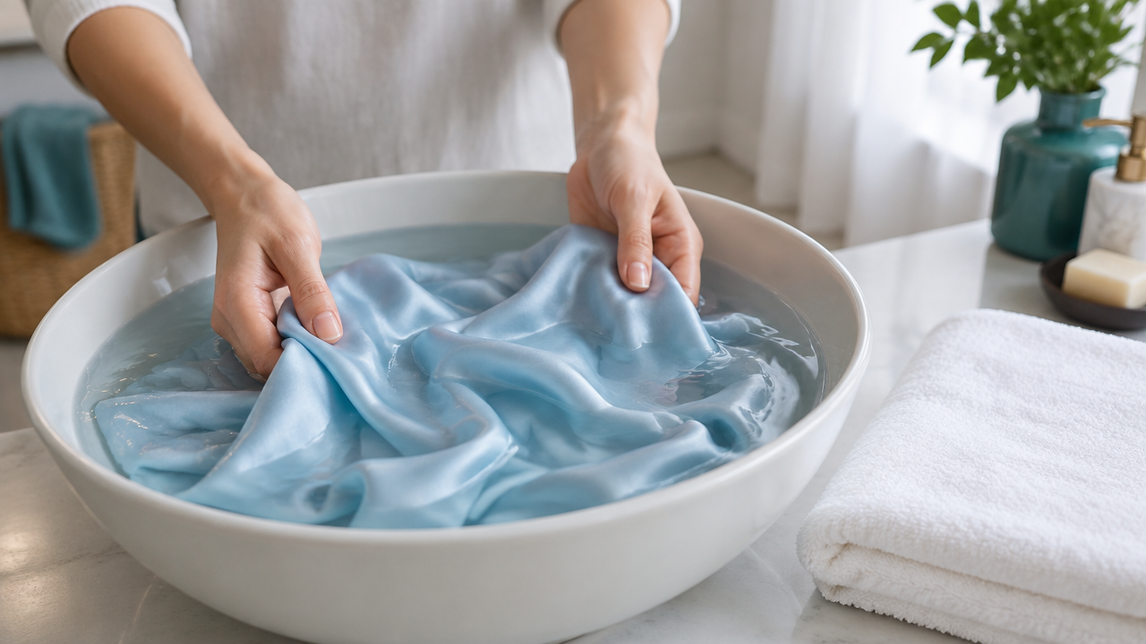 Lavagem manual suave de uma blusa de seda em uma bacia com água e toalha limpa