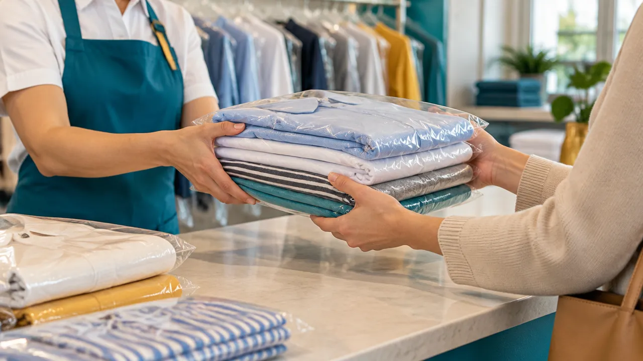 Cliente recebendo roupas dobradas e embaladas no balcão de uma lavanderia.