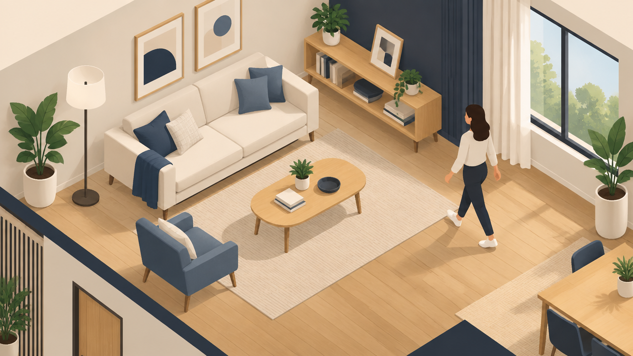 Layout isométrico de sala compacta com móveis proporcionais e passagem livre para circulação