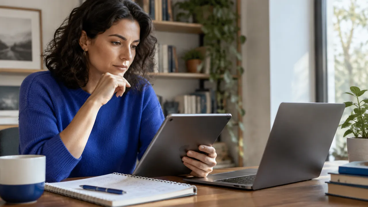Leitora compara uma notícia no tablet com outra fonte e registra observações em um caderno antes de compartilhar