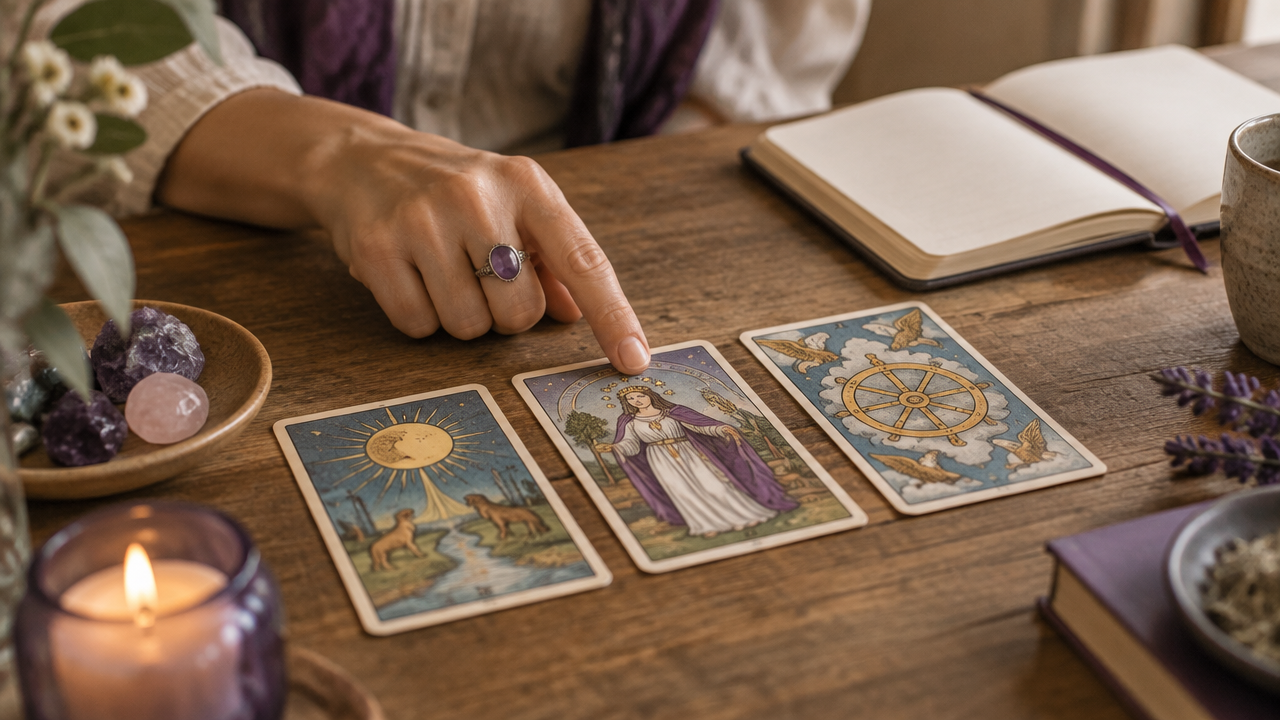 Leitura contextual de três cartas de Tarot sobre uma mesa com caderno e vela