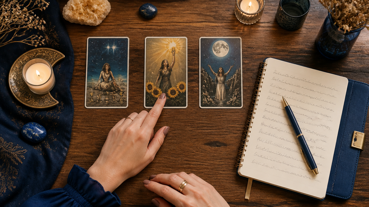 Leitura de tarot com três cartas abertas ao lado de um caderno de reflexões