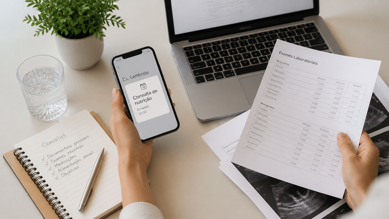 Lembrete de consulta online e checklist de pré atendimento organizados sobre uma mesa de trabalho