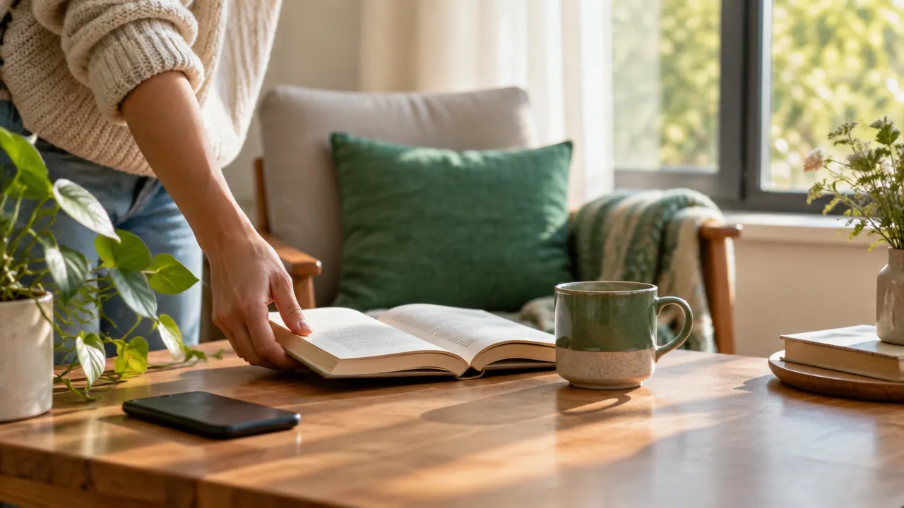 Libro junto a una taza y un teléfono apartado para facilitar el hábito de leer