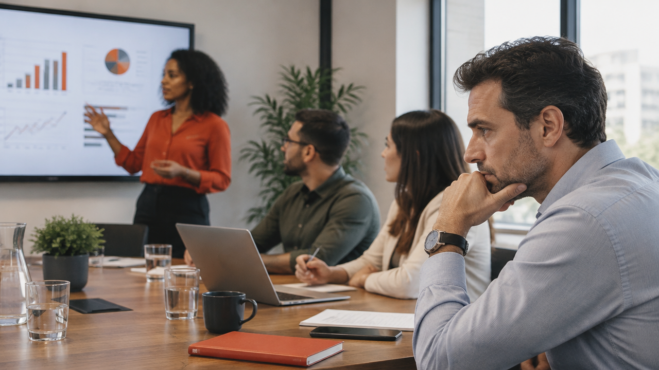 Líder cansado avaliando informações durante uma reunião com sua equipe