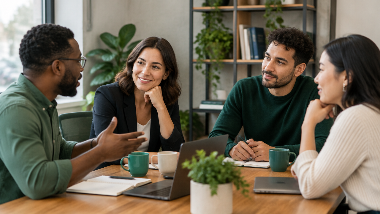 Líder conduz conversa inclusiva enquanto colegas participam com escuta e sorrisos naturais