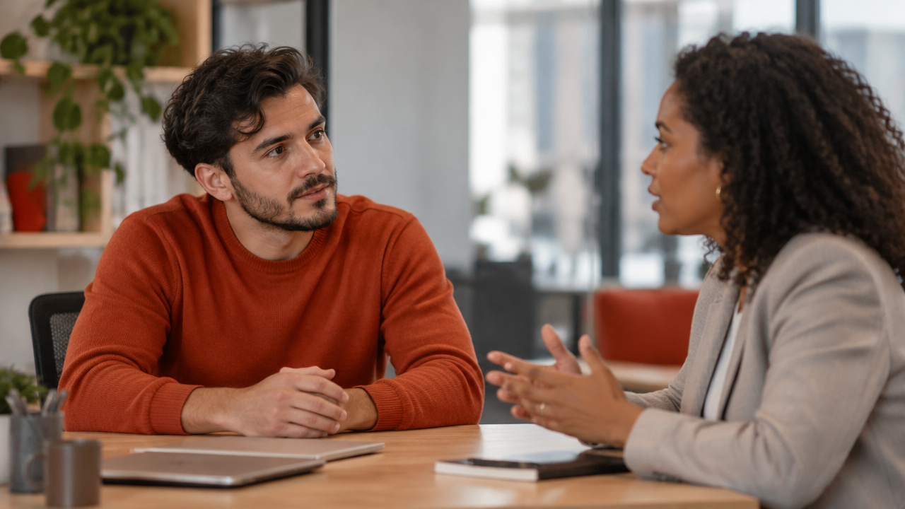 Líder conversa com uma colega com escuta atenta durante um feedback difícil