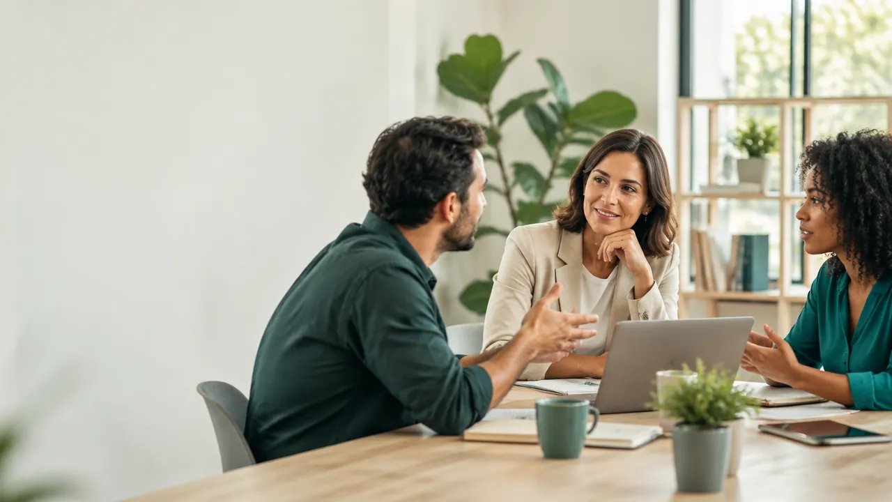 Líder de equipo escucha y facilita una conversación colaborativa en una oficina luminosa