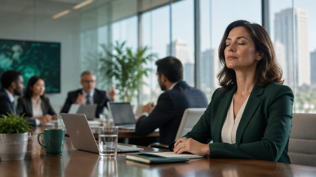 Líder de uma grande organização faz uma breve pausa de atenção plena antes de uma reunião de crise