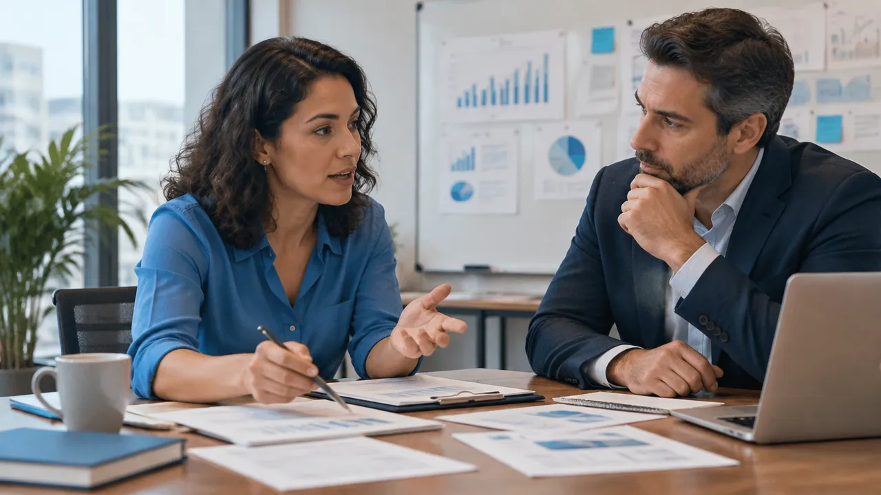 Líder e colaboradora revisam documentos juntos para comparar valores declarados com práticas reais.