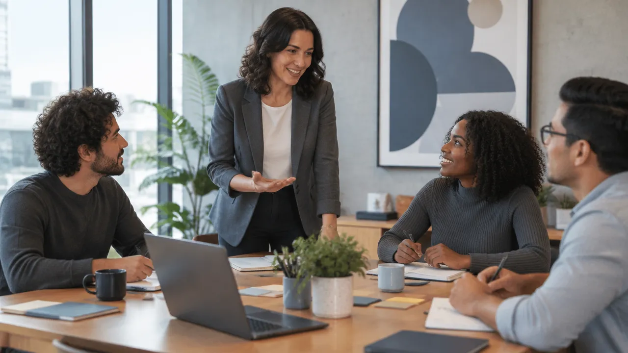 Líder e equipe planejam prioridades de trabalho em uma conversa colaborativa e equilibrada