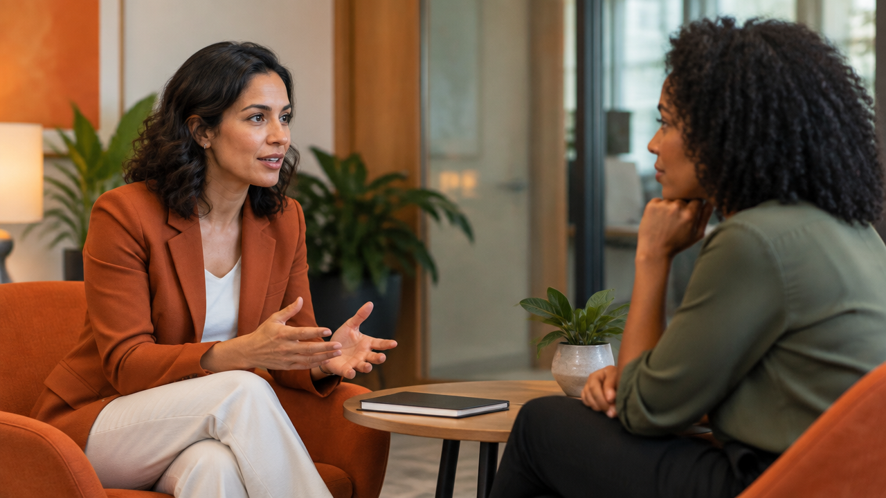 Líder e integrante da equipe conversam com respeito durante uma reunião de feedback