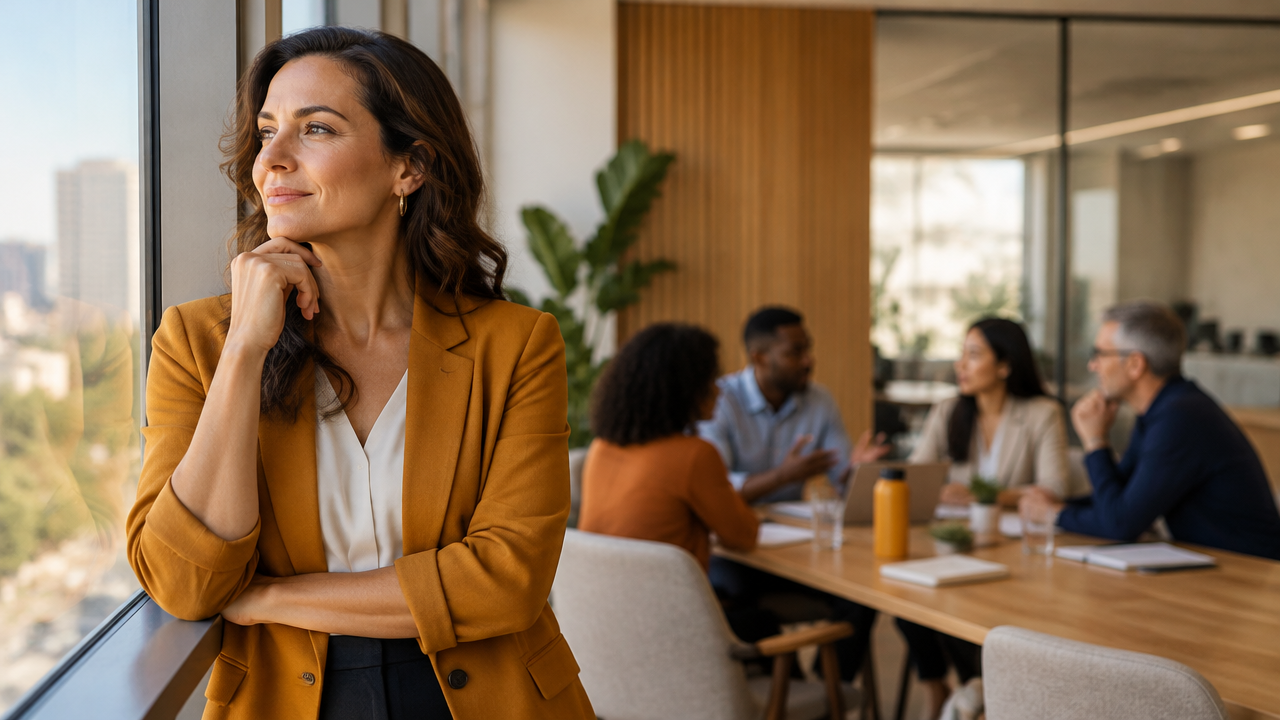 Líder em pausa reflexiva observa sua equipe reunida em diálogo colaborativo, representando propósito e consciência na liderança.