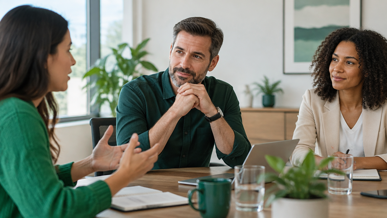 Líder escucha al equipo y hace una pausa consciente antes de responder durante una reunión