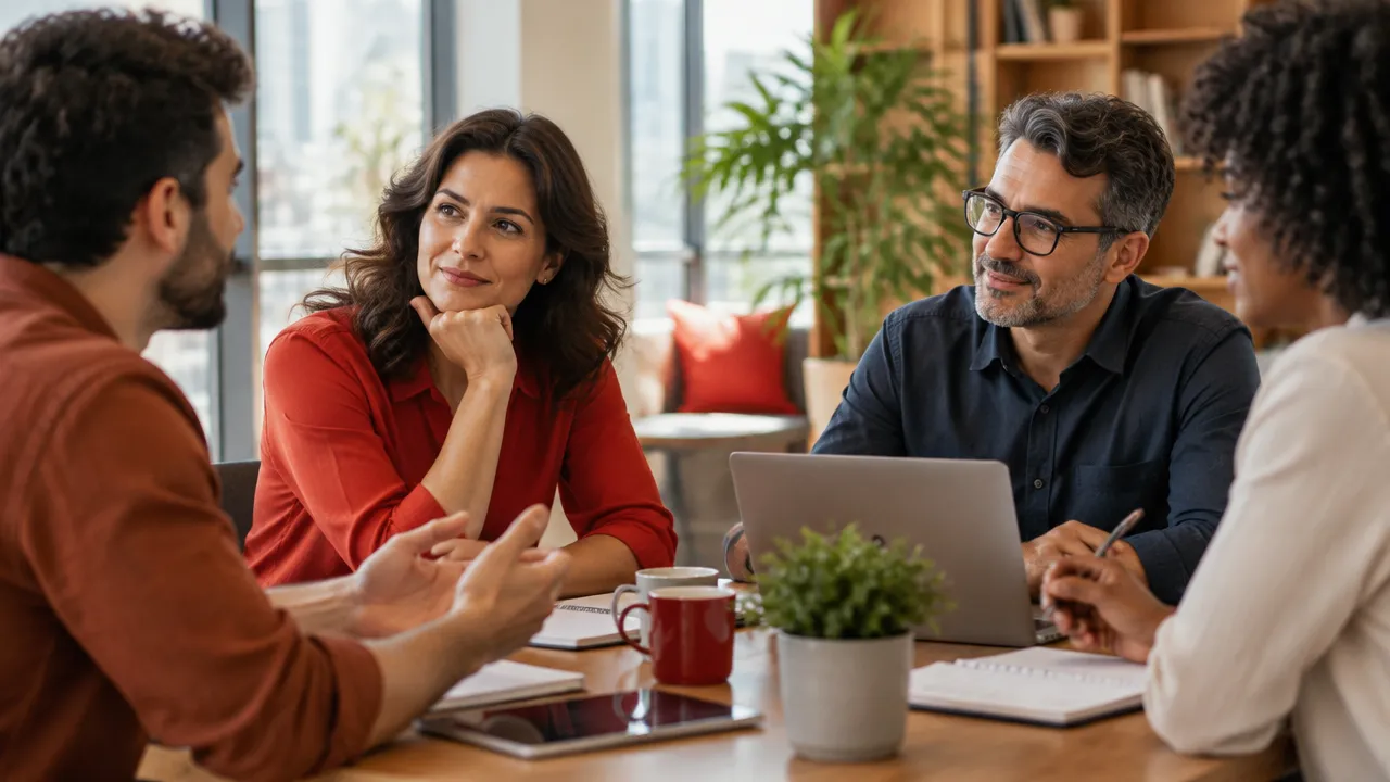 Líder escucha con atención a su equipo durante una reunión colaborativa