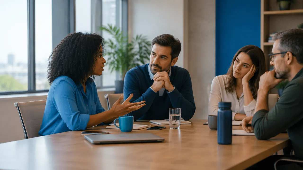 Líder escuta a equipe em uma conversa sobre desmotivação e reconstrução da confiança