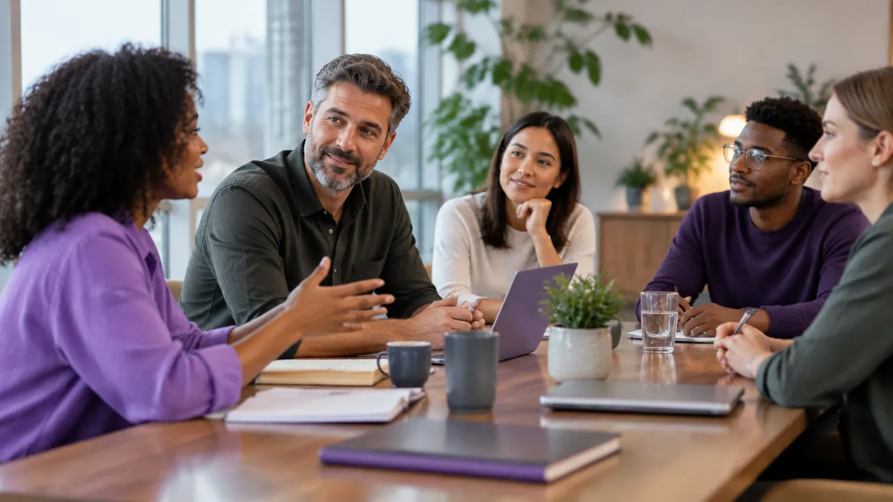 Líder escuta atentamente uma equipe diversa durante uma reunião em ambiente de trabalho iluminado.