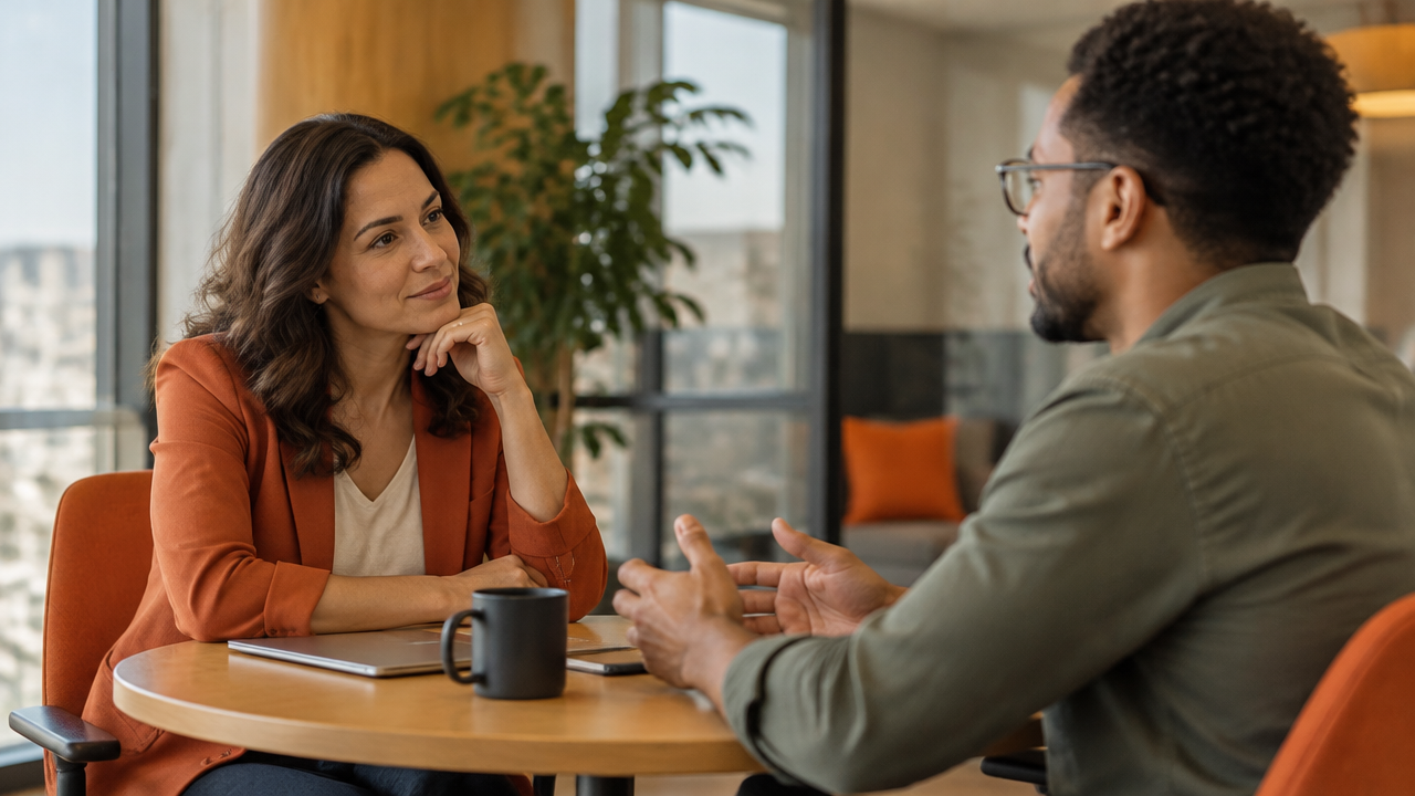 Líder escuta atentamente uma pessoa da equipe em conversa individual sobre o ambiente de trabalho.