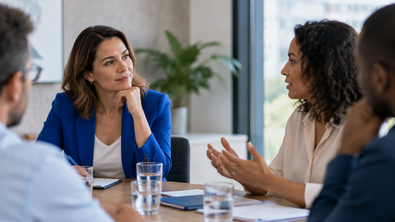 Líder escuta com atenção uma colega durante uma reunião de equipe