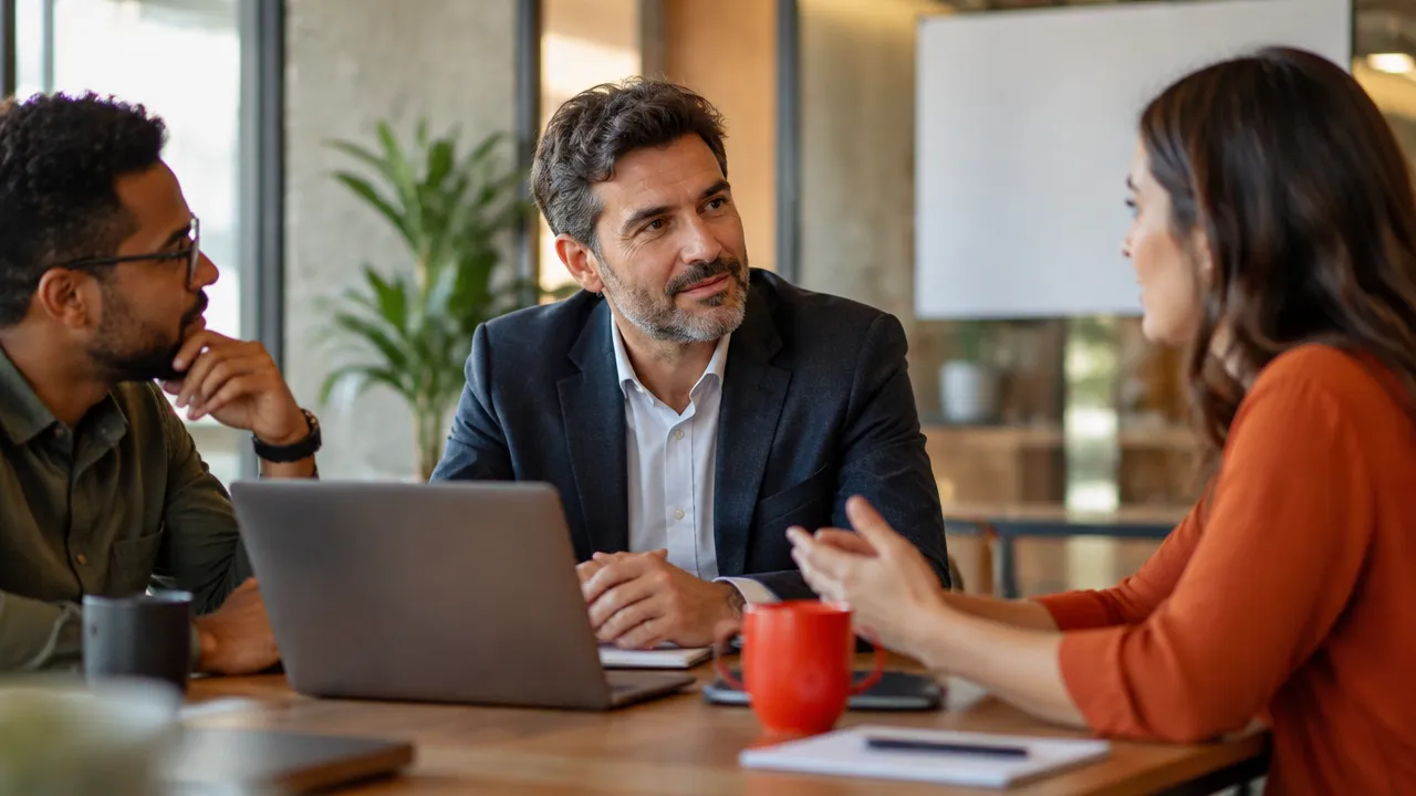 Líder escuta com atenção uma integrante da equipe durante uma conversa de trabalho