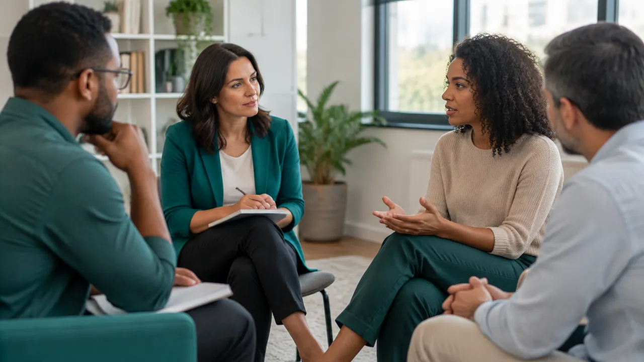 Líder escuta uma colaboradora enquanto a equipe conversa sobre tensões no trabalho