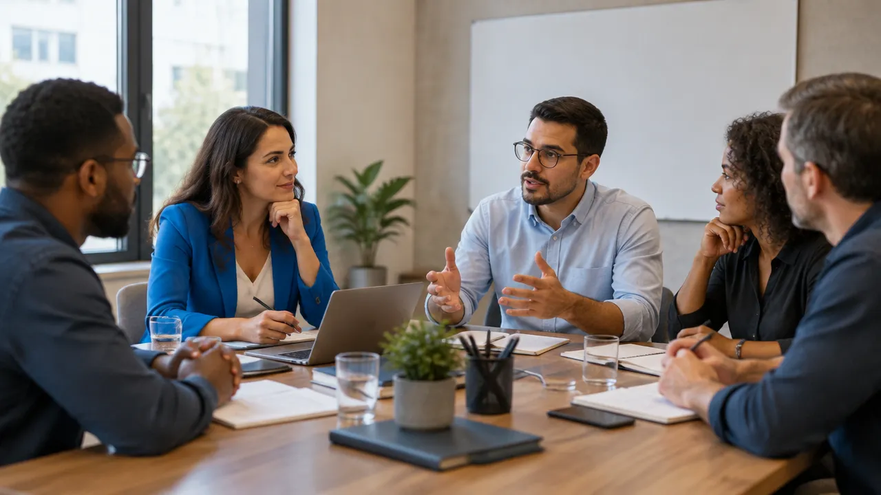 Líder escuta uma equipe diversa durante uma conversa sobre decisões responsáveis em uma sala de reunião iluminada