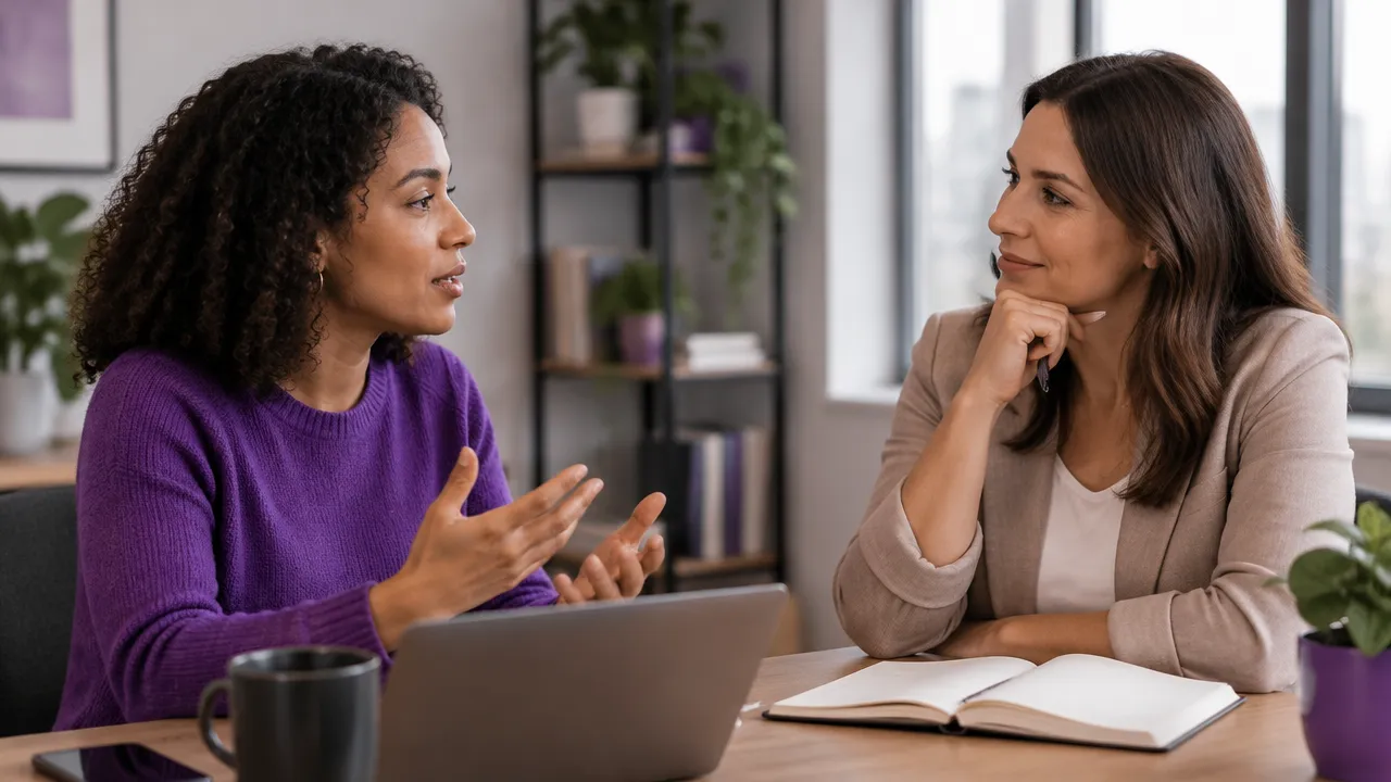 Líder escuta uma pessoa da equipe em conversa individual, separando observações de interpretações.