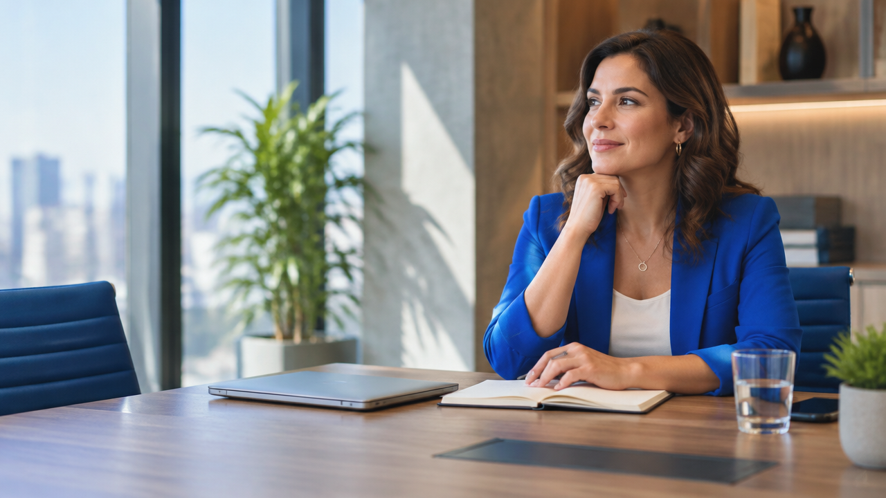 Líder faz uma pausa reflexiva à mesa antes de iniciar o dia de trabalho