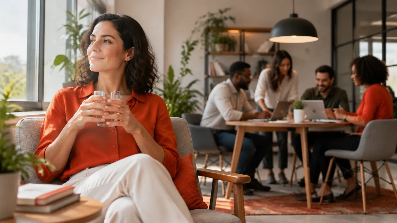 Líder hace una pausa consciente mientras un equipo diverso trabaja con autonomía