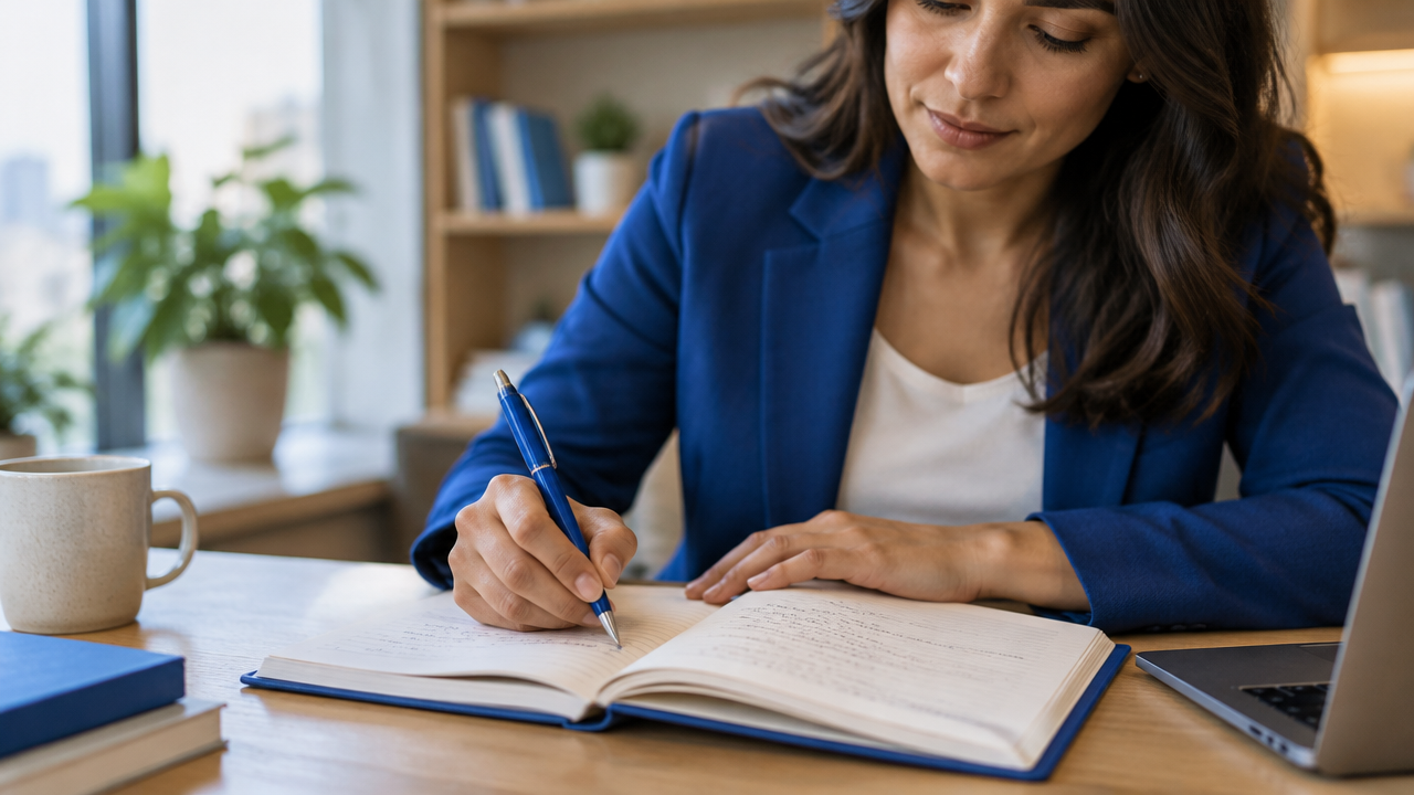 Líder iniciante anota em um diário uma situação de trabalho, suas emoções e sua resposta.