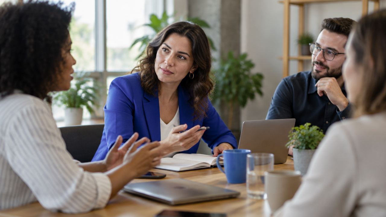 Líder mulher escuta a equipe durante uma conversa de trabalho colaborativa