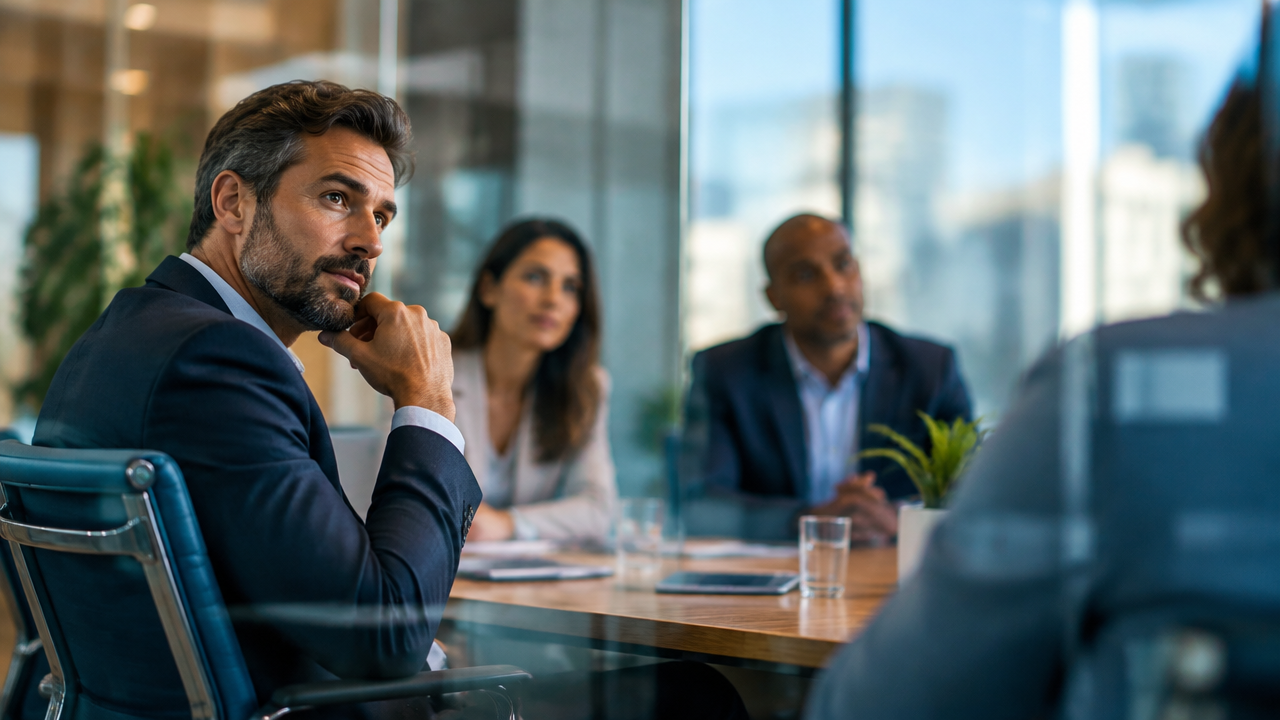 Líder observa uma equipe em reunião diante de reflexos sutis no vidro, representando filtros de percepção nas decisões.