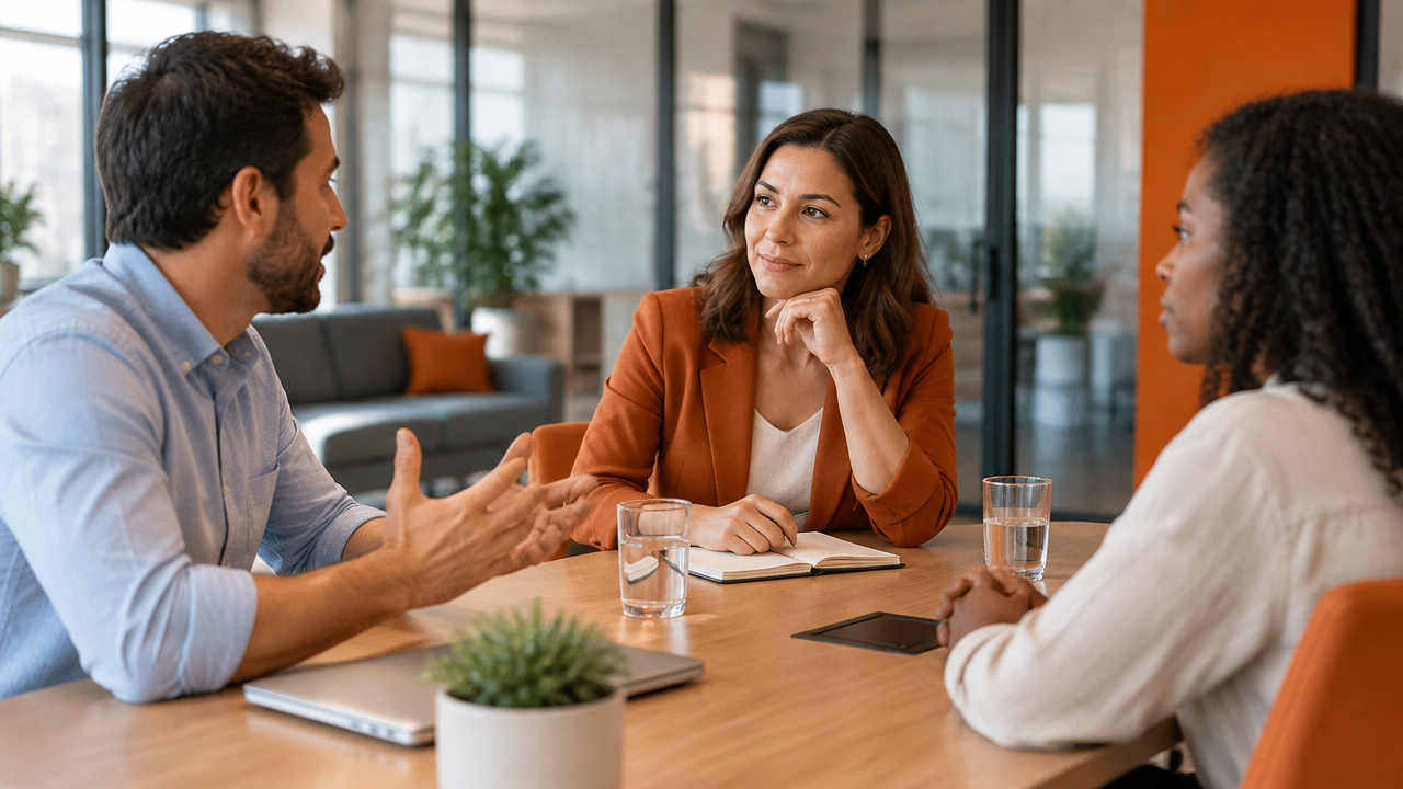 Líder pratica escuta ativa durante uma conversa individual com integrantes da equipe