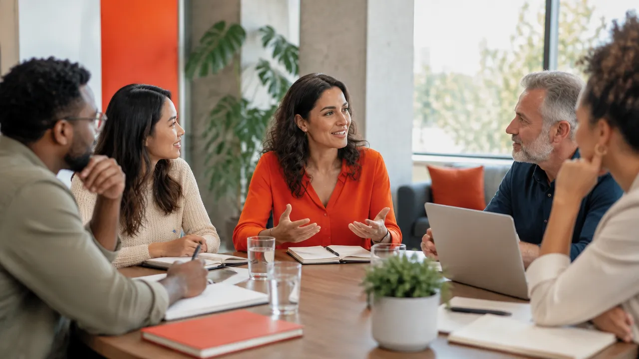 Líder que escucha con calma a un equipo diverso durante una reunión de trabajo