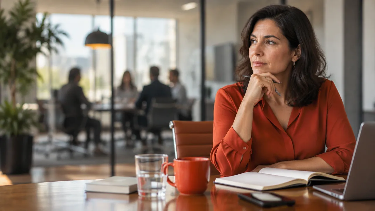 Líder reflete diante de um caderno após uma reunião, representando a observação consciente dos próprios padrões de liderança.