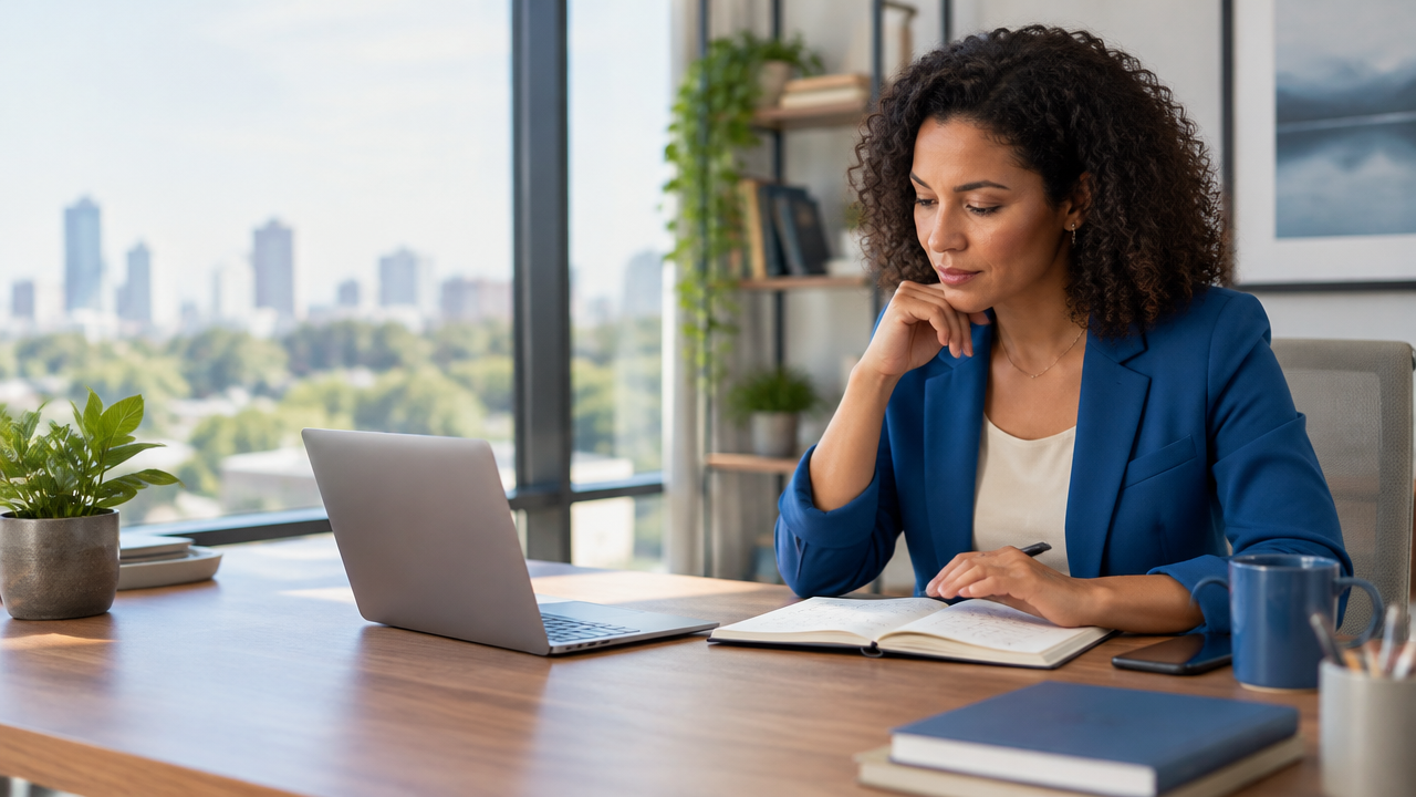 Líder refletindo diante de um caderno antes de tomar uma decisão consciente