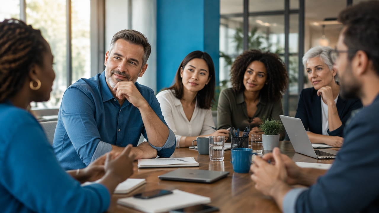 Líder reflexivo escuta uma equipe diversa durante uma reunião colaborativa