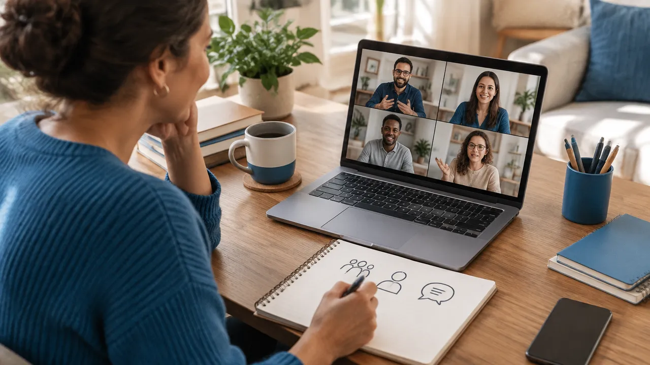 Líder remota registra observações sobre participação e relações durante uma reunião virtual