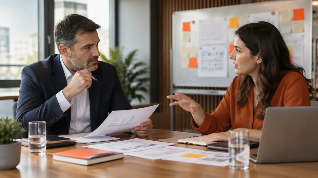 Líder revisa prioridades con una colega para reconocer hábitos de control y mejorar la delegación.