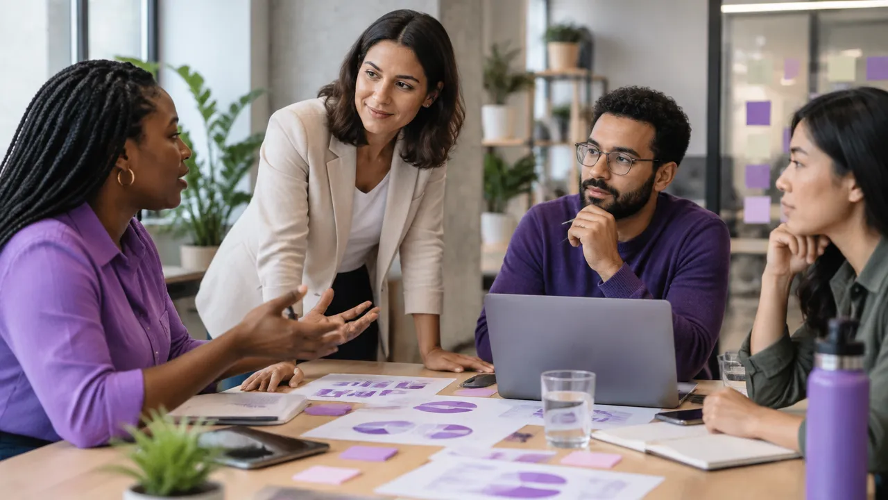 Liderança e equipe analisam práticas de inclusão e indicadores em uma reunião de trabalho