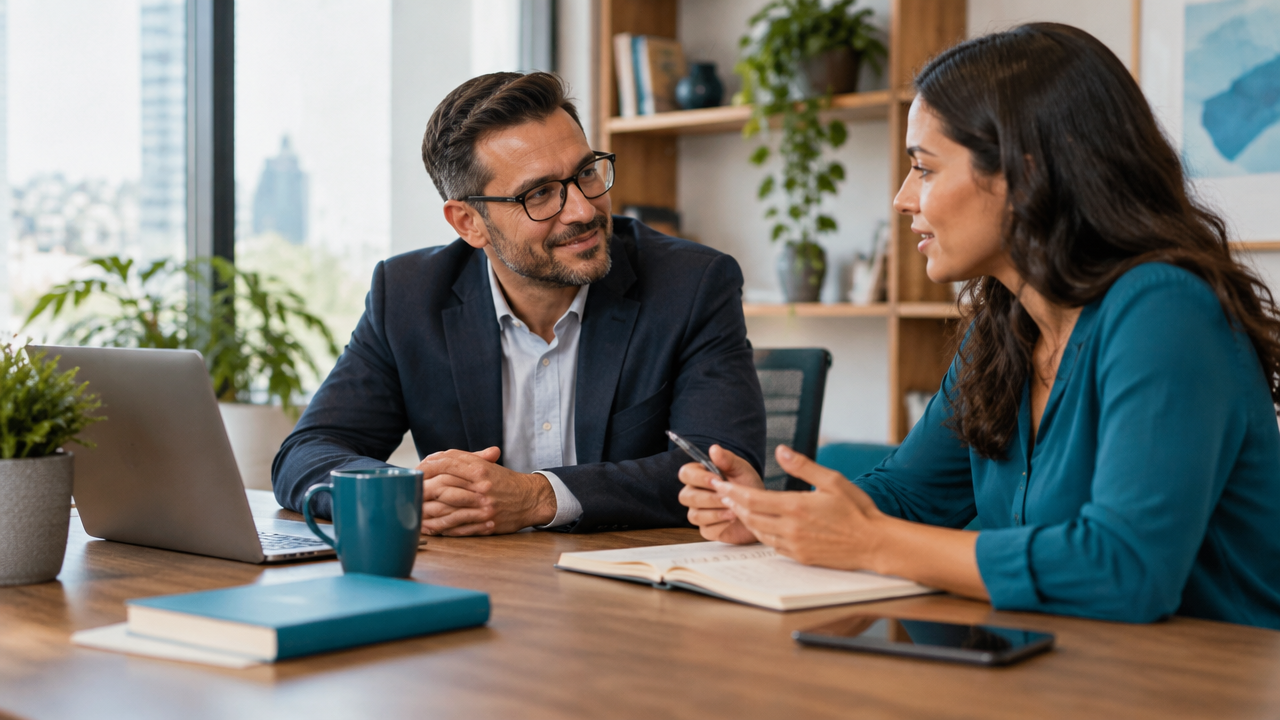 Liderança e profissional conversam sobre metas de aprendizagem e desenvolvimento no trabalho