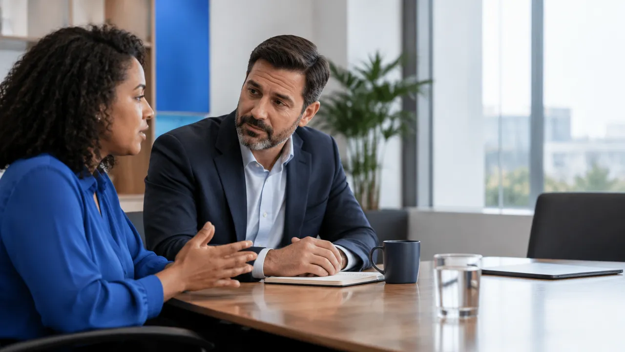 Liderança escuta com atenção a preocupação de uma pessoa da equipe em conversa individual no escritório