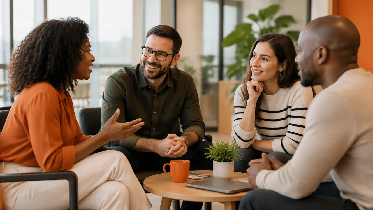 Liderança escuta integrantes da equipe em conversa aberta, representando segurança psicológica e cooperação no trabalho.
