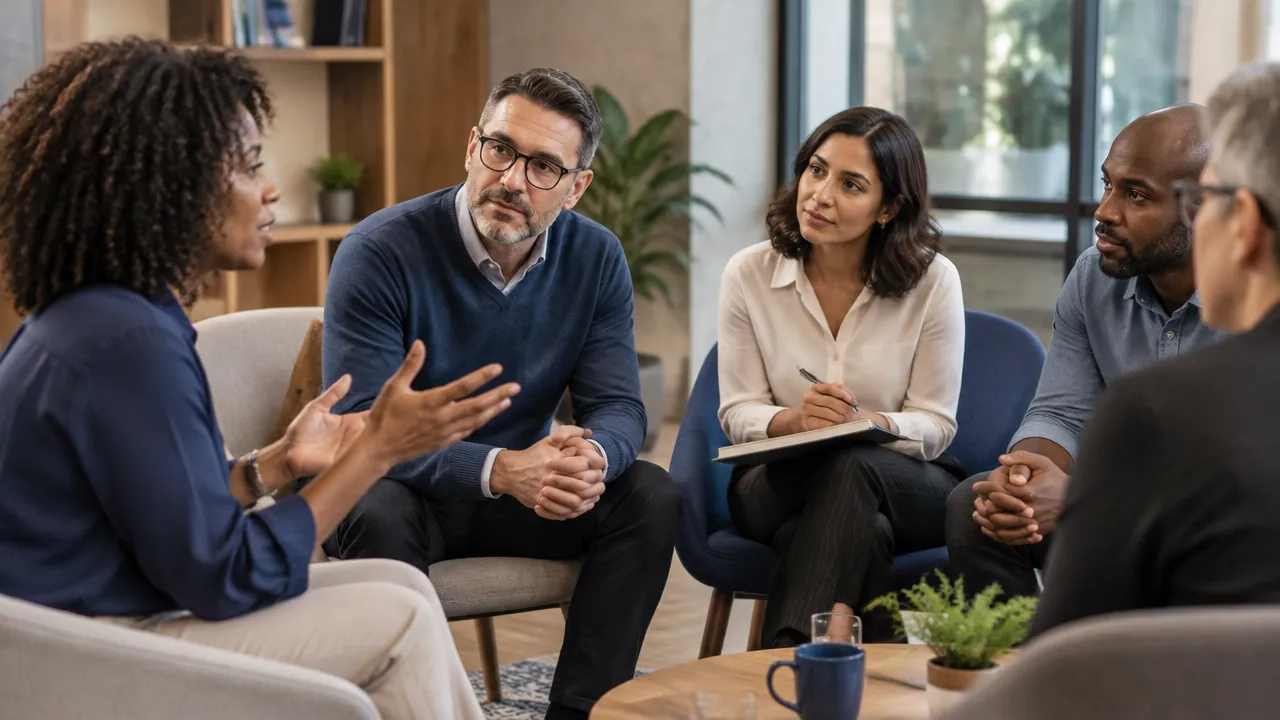 Liderança escuta integrantes da equipe em uma conversa participativa para reconstruir segurança e confiança.