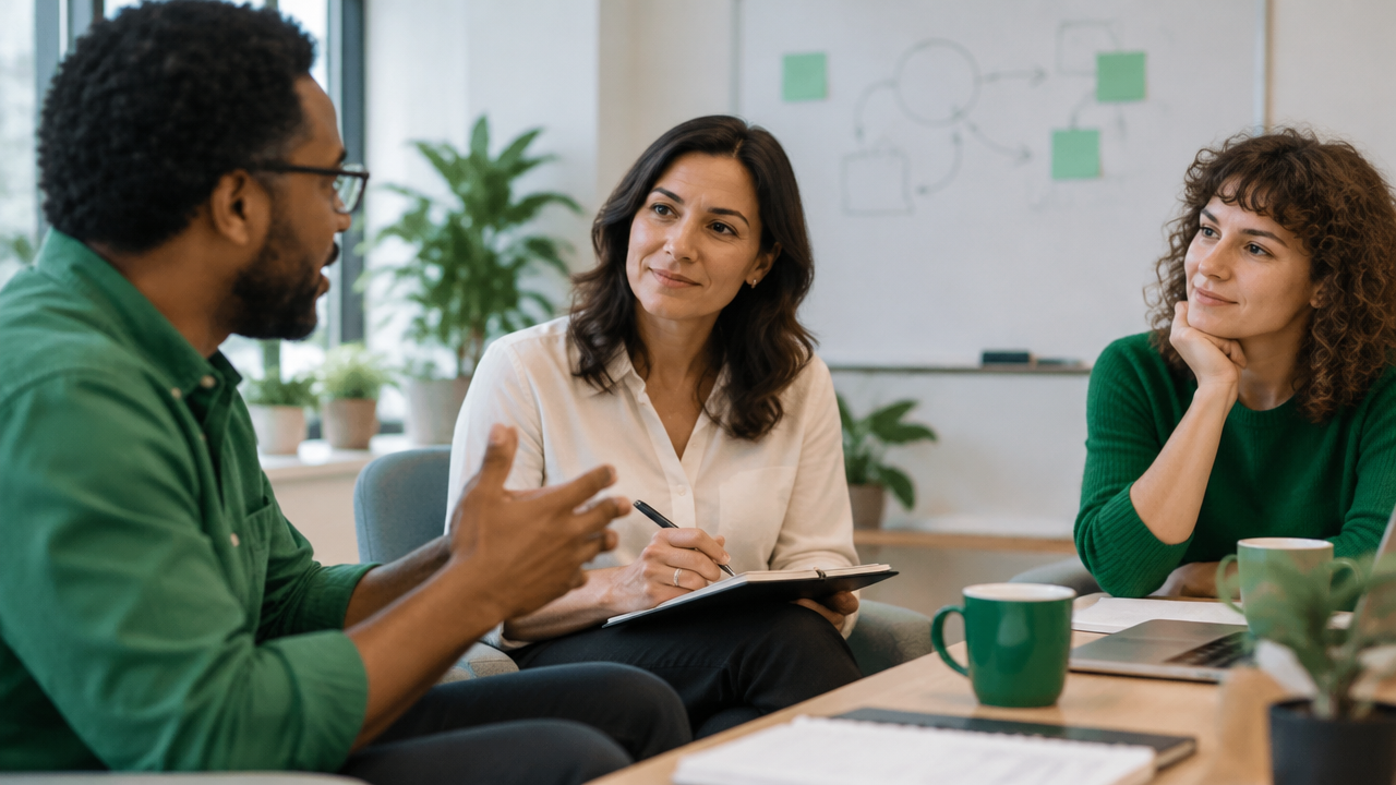 Liderança escutando a equipe e acolhendo dúvidas durante uma conversa sobre mudanças no trabalho