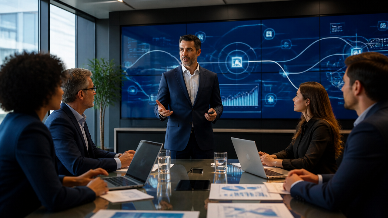 Lideranças analisando como transformar IA em receita recorrente em um ambiente corporativo.
