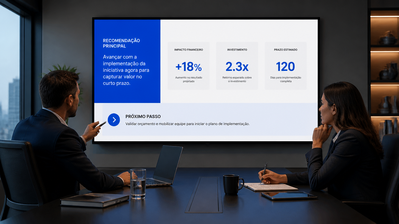Lideranças analisando um slide com recomendação principal e indicadores essenciais.